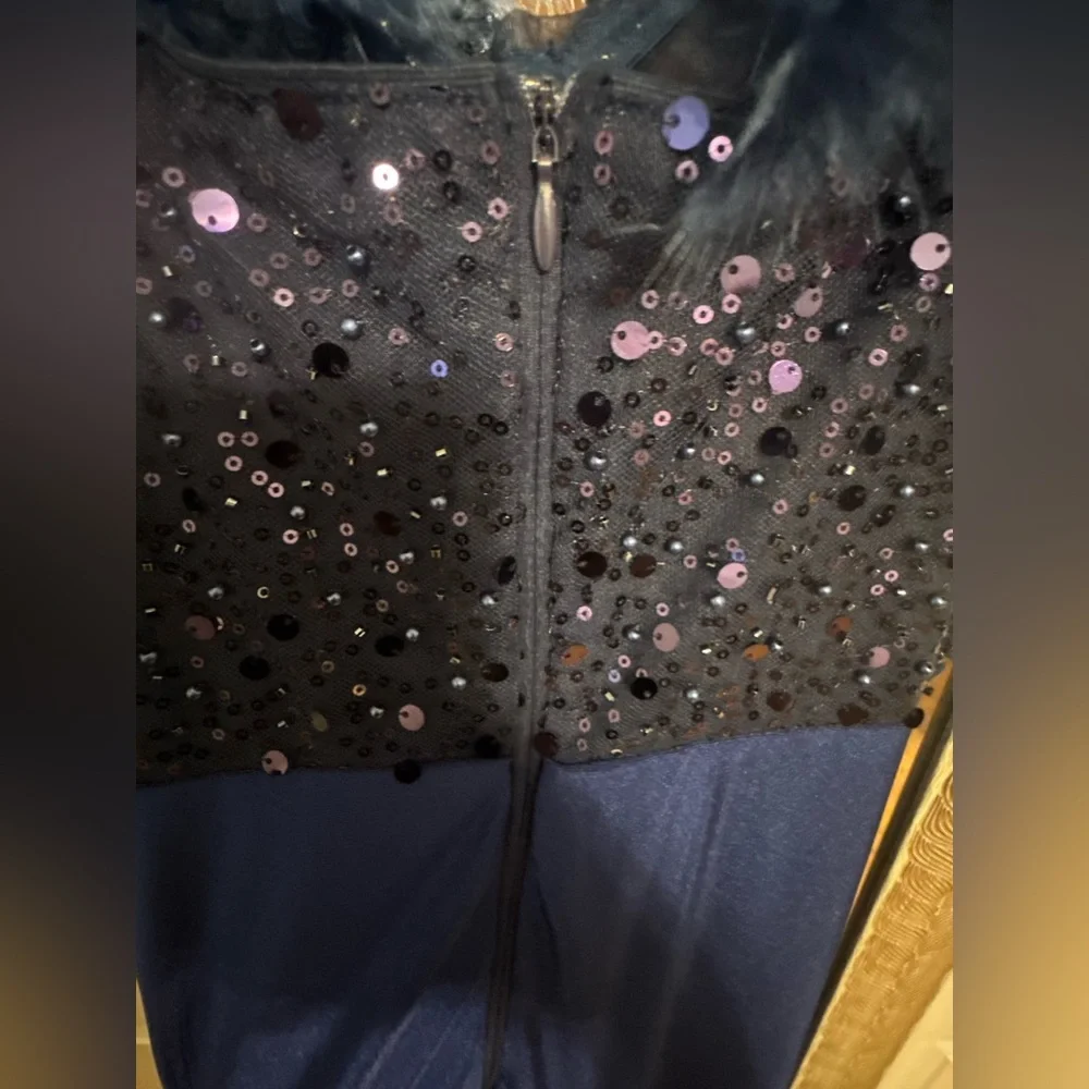 Elegant Navy Evening Gown with Feather Details - Picture 3 of 10